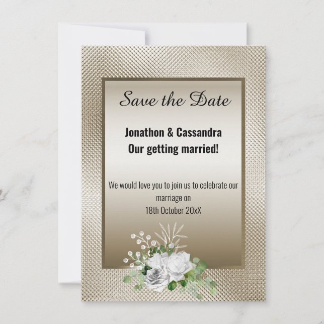 EMBOSSED BRONZE ROSE EUCALYPTUS SAVE THE DATE (Vorderseite)