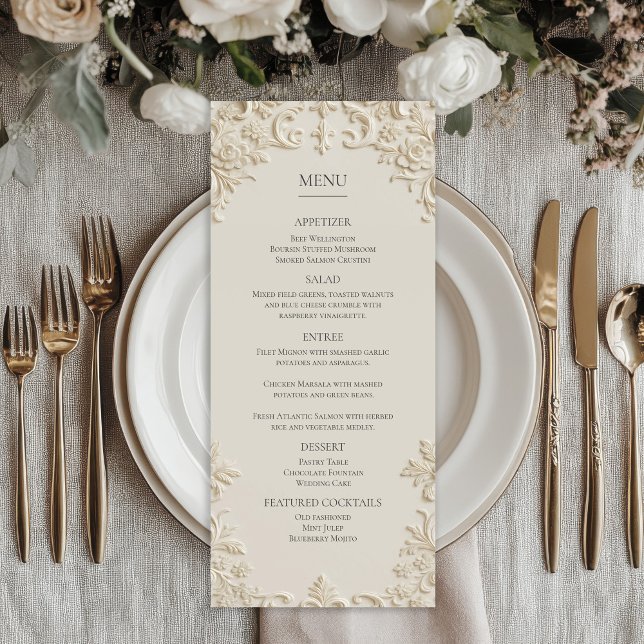 Embossed Elegant Ivory Floral Wedding Menu Menükarte (Embossed Elegant Ivory Floral Wedding Menu)