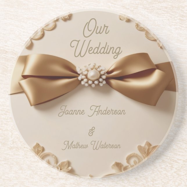 Embossed Floral Wedding Invitation – Satin Bow & G Getränkeuntersetzer (Vorne)