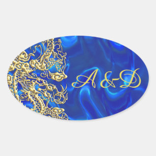 Embossed Gold Dragon auf Blue Satin Ovaler Aufkleber