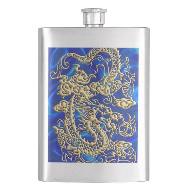 Embossed Gold Dragon auf BlueSatin Print Flachmann (Vorderseite)