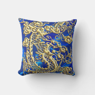 Embossed Gold Dragon auf BlueSatin Print Kissen