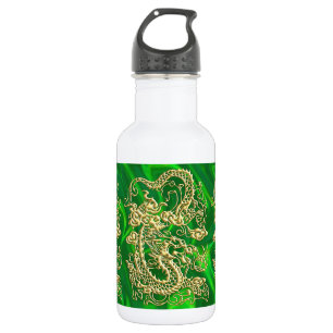Embossed Gold Dragon auf GreenSatin Print Trinkflasche