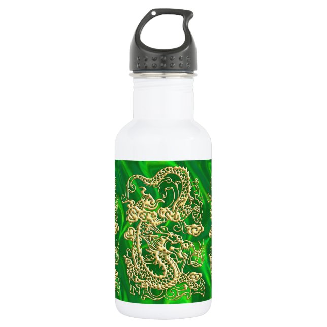 Embossed Gold Dragon auf GreenSatin Print Trinkflasche (Vorderseite)