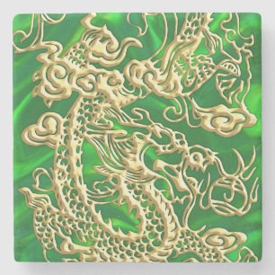 Embossed Gold Dragon auf grünem Satin Steinuntersetzer