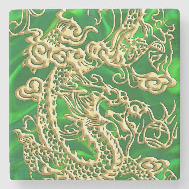 Embossed Gold Dragon auf grünem Satin Steinuntersetzer (Vorderseite)