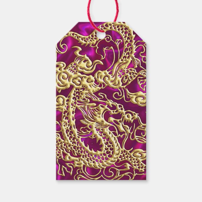 Embossed Gold Dragon Magenta Satin Print Geschenkanhänger (Vorderseite)