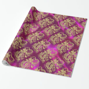 Embossed Gold Dragon Magenta Satin Print Geschenkpapier