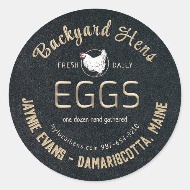Embossed Gold Fresh Eggs White Hen on Black Runder Aufkleber (Vorderseite)