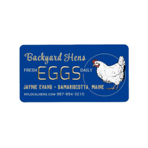 Embossed Gold Fresh Eggs White Hen on Blue Adressaufkleber