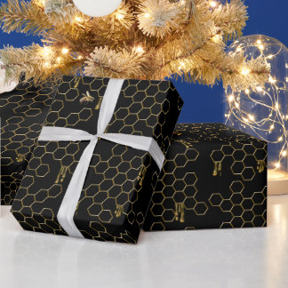 Embossed Honeycomb Realistic Bees Black Gold Tropf Geschenkpapier