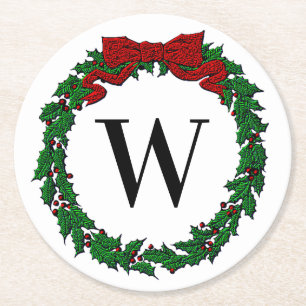 Embossed Look Holly Wreath Monogram Runder Pappuntersetzer