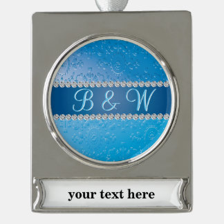 Embossed Monogram Blue Blume Banner-Ornament Silber