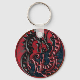 Embossed Red & Black Leather Dragon Yin Yang Schlüsselanhänger
