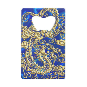 Embosses Gold Dragon auf Blue Satin Print Kreditkartenflaschenöffner