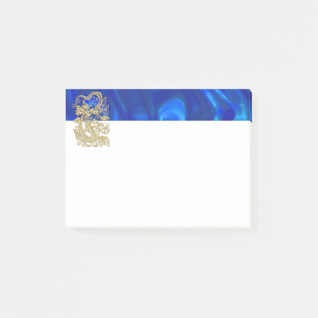 Embosses Gold Dragon auf Blue Satin Print Post-it Klebezettel (Vorderseite)