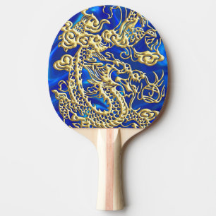 Embosses Gold Dragon auf Blue Satin Print Tischtennis Schläger