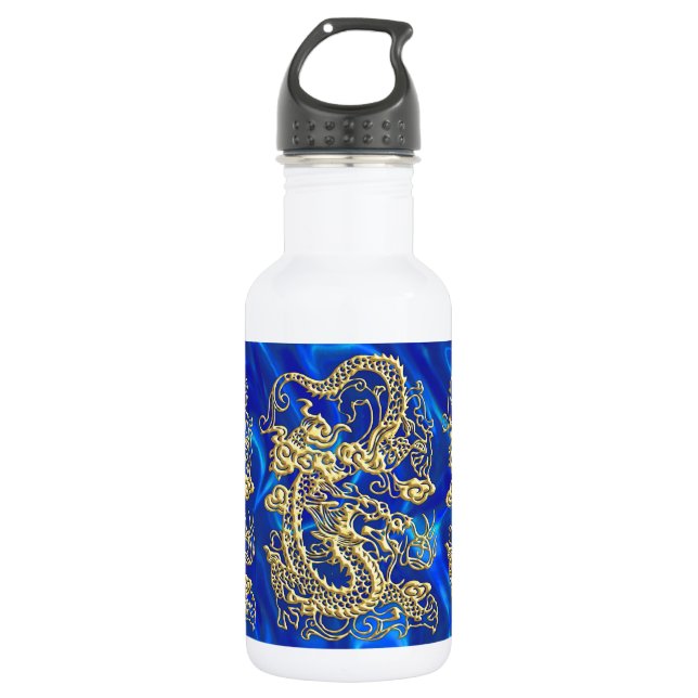 Embosses Gold Dragon auf Blue Satin Print Trinkflasche (Vorderseite)