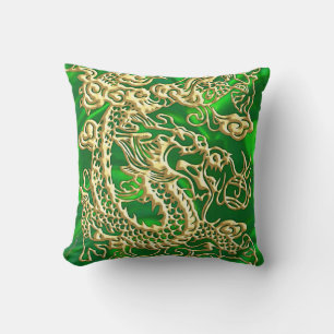 Embosses Gold Dragon auf Green Satin Print Kissen