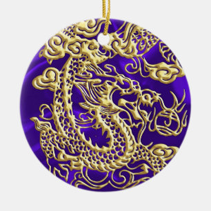 Embosses Gold Dragon auf Lila Satin Print Keramikornament