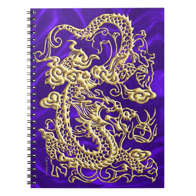 Embosses Gold Dragon auf Lila Satin Print Notizblock (Vorderseite)