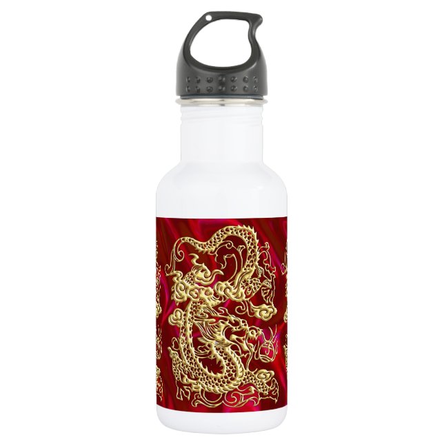Embosses Gold Dragon auf Red Satin Print Edelstahlflasche (Vorderseite)