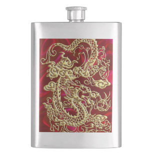 Embosses Gold Dragon auf Red Satin Print Flachmann