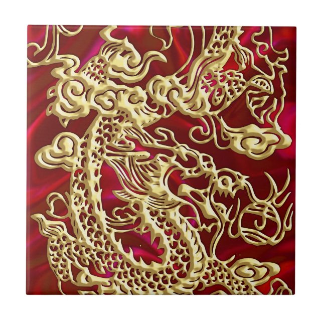 Embosses Gold Dragon auf Red Satin Print Fliese (Vorderseite)