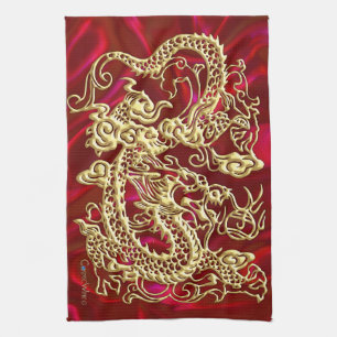 Embosses Gold Dragon auf Red Satin Print Geschirrtuch