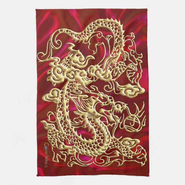 Embosses Gold Dragon auf Red Satin Print Geschirrtuch (Vertikal)