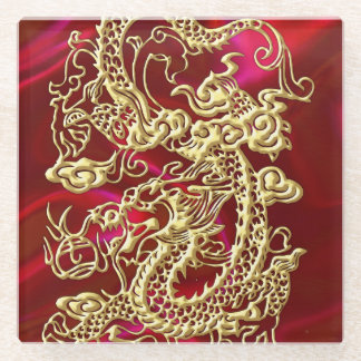 Embosses Gold Dragon auf Red Satin Print Glasuntersetzer