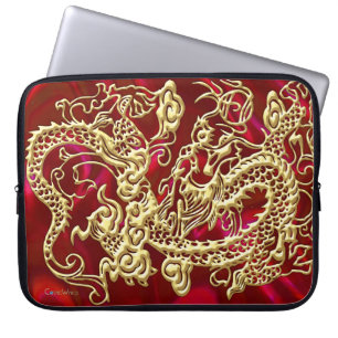 Embosses Gold Dragon auf Red Satin Print Laptopschutzhülle