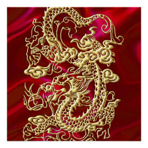 Embosses Gold Dragon auf Red Satin Print Poster