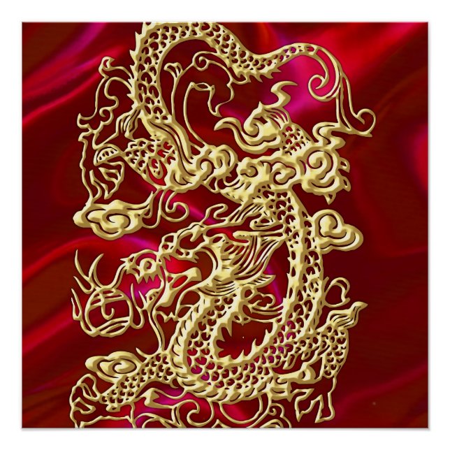 Embosses Gold Dragon auf Red Satin Print Poster (Vorderseite)