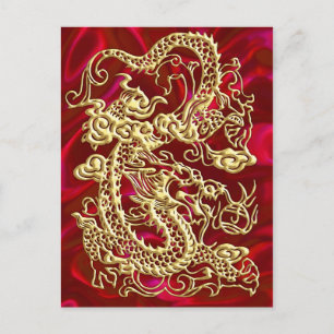 Embosses Gold Dragon auf Red Satin Print Postkarte
