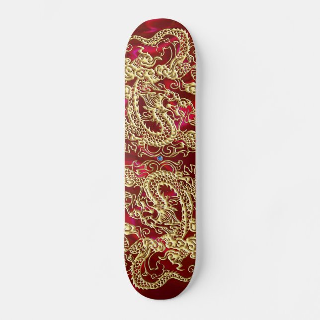 Embosses Gold Dragon auf Red Satin Print Skateboard (Vorderseite)
