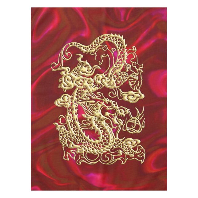 Embosses Gold Dragon auf Red Satin Print Tischdecke (Vorderseite)