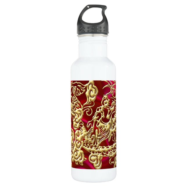 Embosses Gold Dragon auf Red Satin Print Trinkflasche (Vorderseite)
