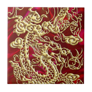 Embosses Gold Dragon auf Red Satin Texture Print Fliese