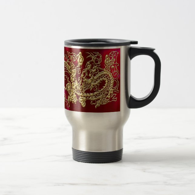 Embosses Gold Dragon auf Red Satin Texture Print Reisebecher (Rechts)