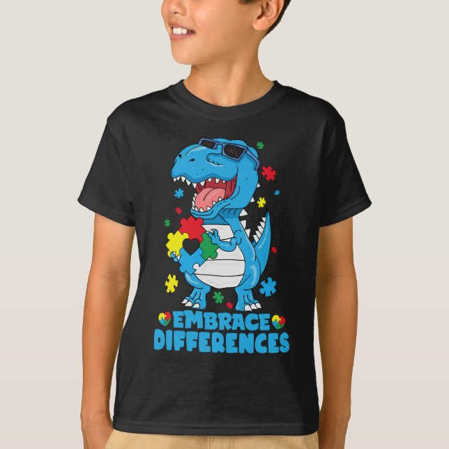 Embrace Differenzen T Rex Dinosaur Autismus Awaren T-Shirt (Vorderseite)