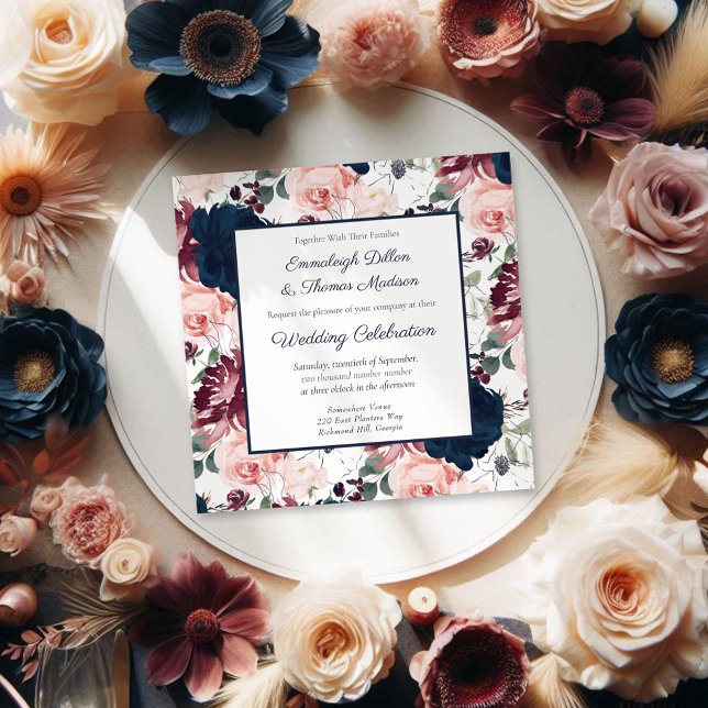 Embrace Floral Pattern Wedding | Burgundy Navy Einladung (Von Creator hochgeladen)