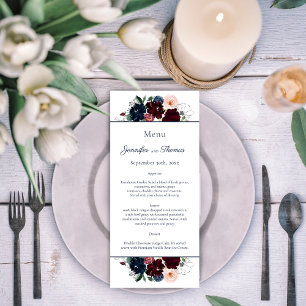 Embrace Floral Wedding Menu   Burgundy Navy Blue Menükarte