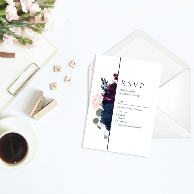 Embrace Florals UAWG Wedding | Burgundy Navy Blue RSVP Karte (Von Creator hochgeladen)