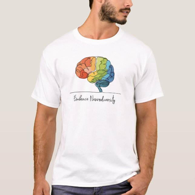 Embrace Neurodiversity Line Art Rainbow Brain T-Shirt (Vorderseite)