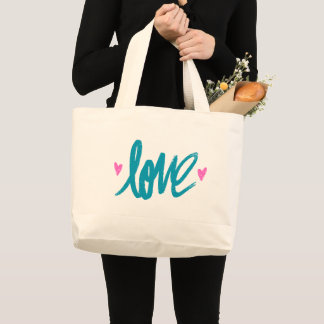 Embrace The Love Turquoise Pink Heart Tote Bag Jumbo Stoffbeutel
