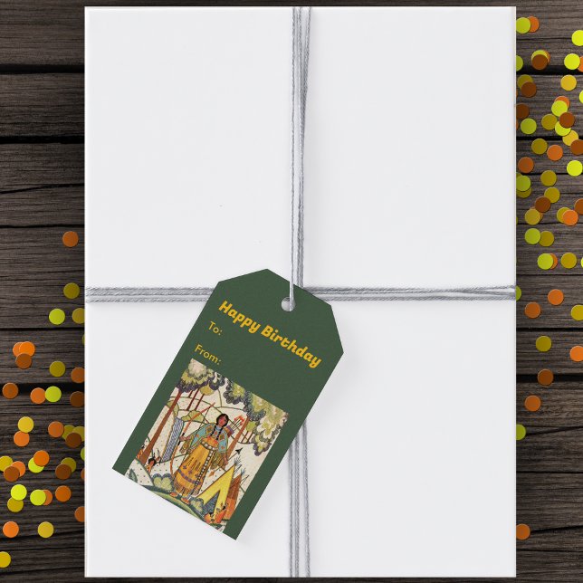 Embroidere der amerikanischen Frau Woods Waterfall Geschenkanhänger (Native American woman embroidery texture by waterfall tepee on dark green Birthday gift tags.)