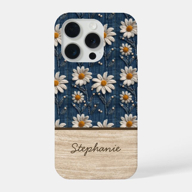 Embroidered Daisy Denim Phone Case with Name iPhone Hülle (Rückseite)