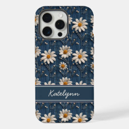 Embroidered Daisy Denim Phone Case with Name iPhone 15 Pro Max Hülle
