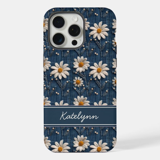 Embroidered Daisy Denim Phone Case with Name iPhone Hülle (Rückseite)